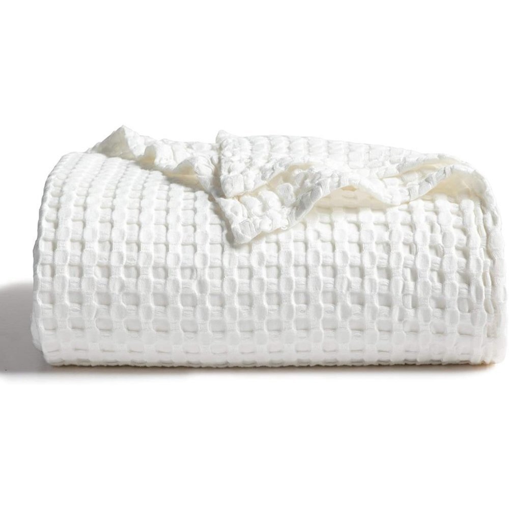 COTTON Waffle Weave Bamboo Blanket Queen Size Cream Soft Lightweight Bed Blanket